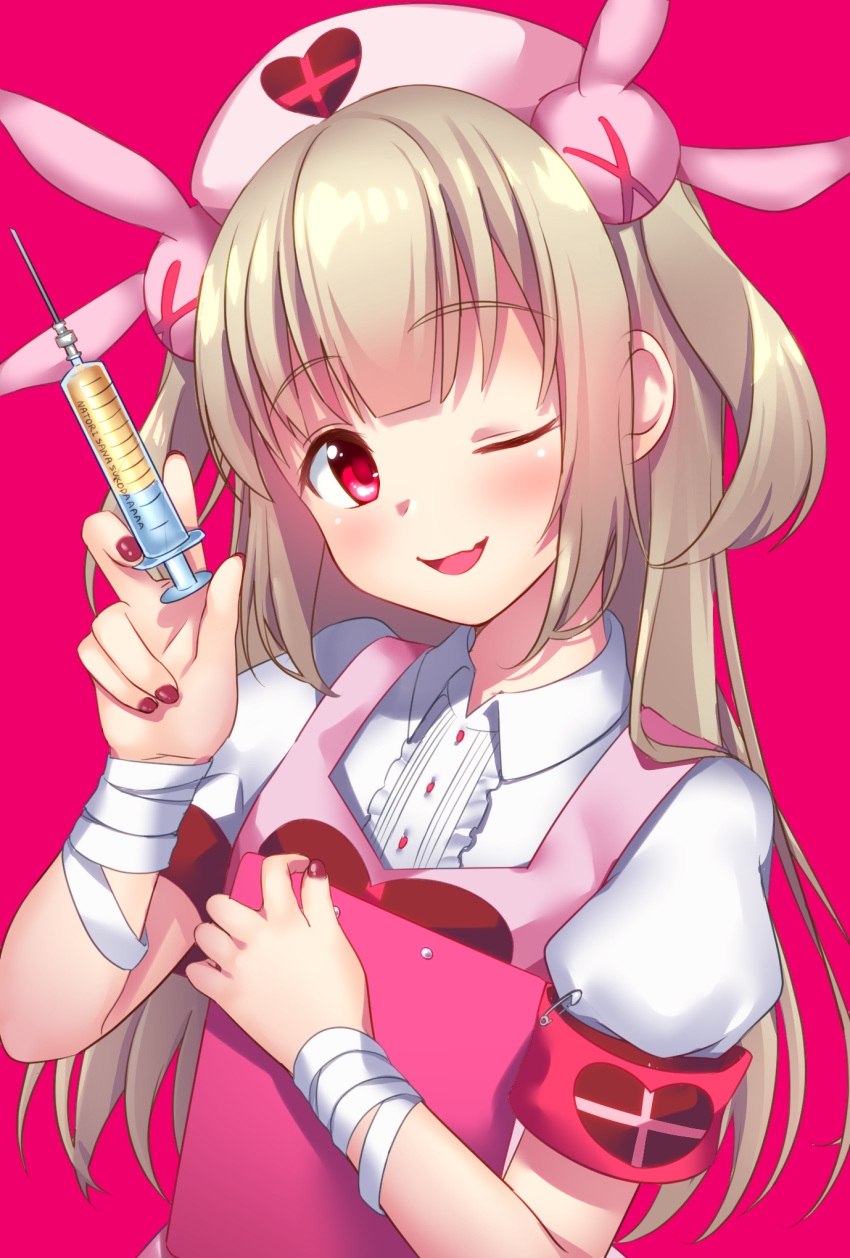 1girl, ;d, armband, bandage, bandaged_arm, bandages, bangs, blonde_hair