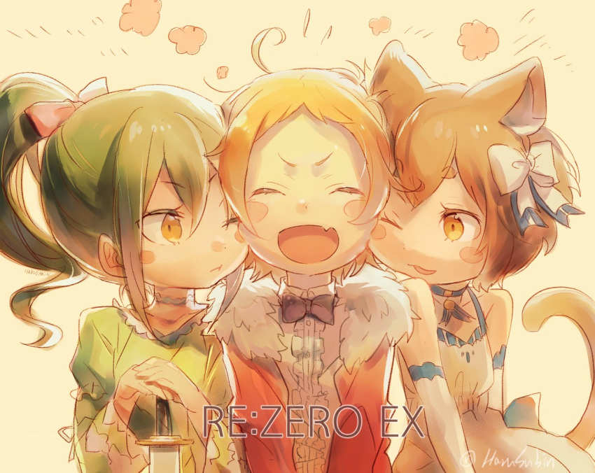 1girl, 2boys, animal_ears, blonde_hair, brown_hair, cat_ears, crusch_karsten, felix_argyle