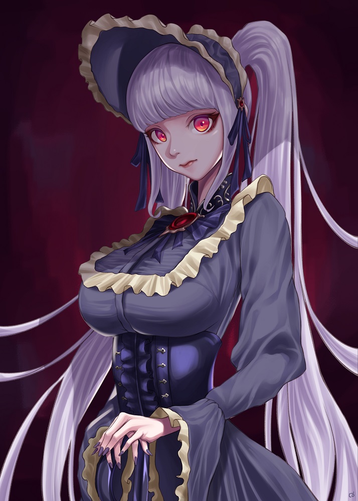 1girl, black_dress, black_nails, black_ribbon, bonnet, breasts, closed_mouth, corset