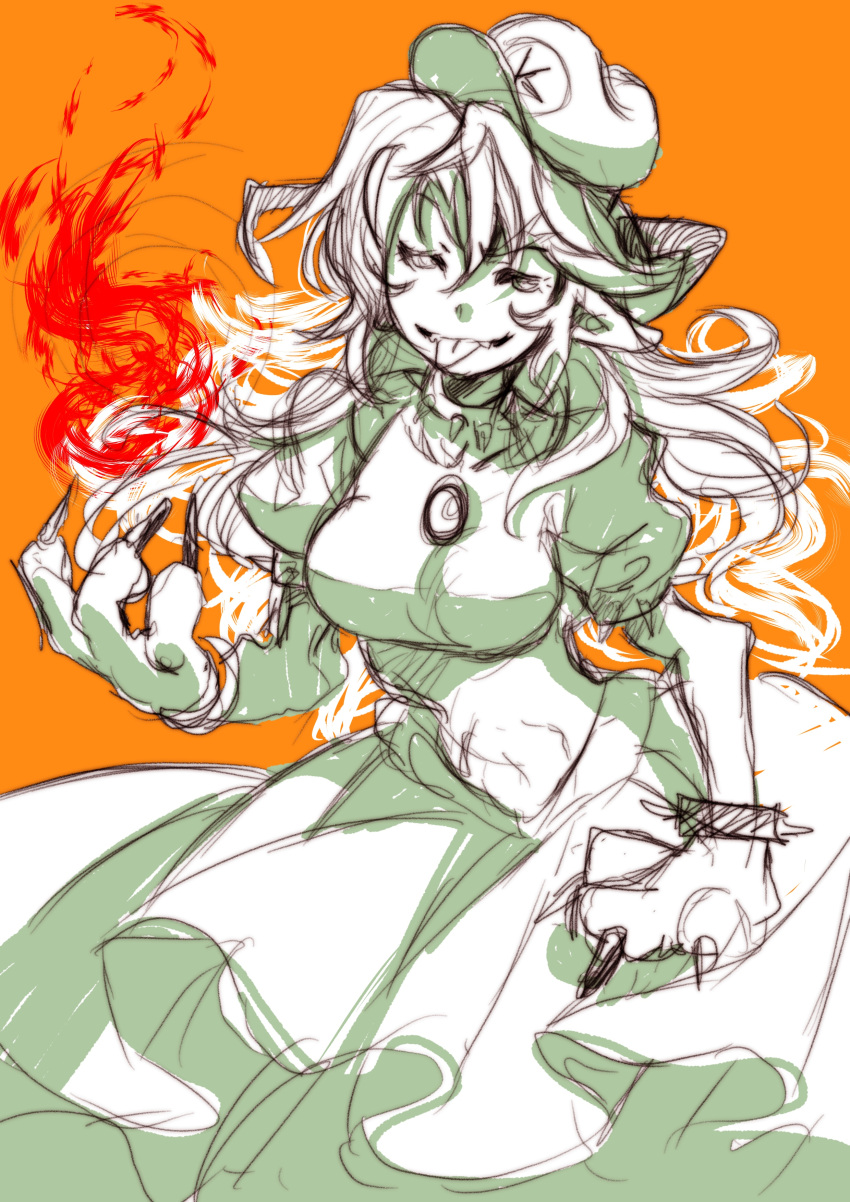 1girl, absurdres, bracelet, claws, collar, dress, fangs, fire