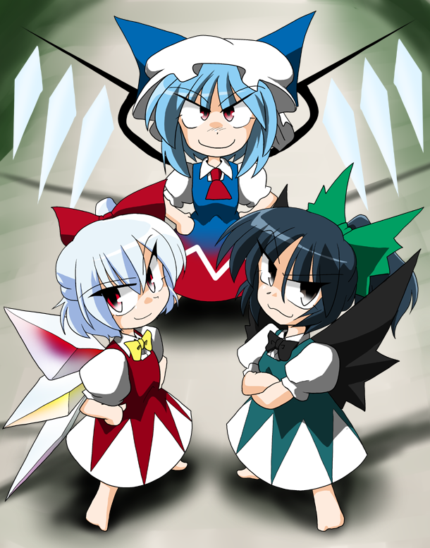 >:3, :3, barefoot, black_hair, black_wings, blue_hair, bow, chibi, cirno, cosplay, flandre_scarlet, hair_bow, hat, if_they_mated, kieyza, red_eyes, reiuji_utsuho, shinki, smile, touhou, wings