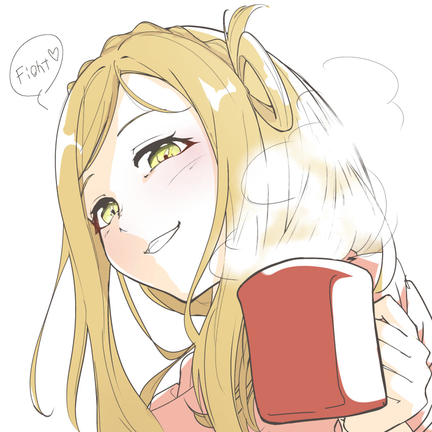 1girl, blonde_hair, blush, coffee_mug, cup, english, from_below, green_eyes, heart, highres, komiyama_(user_ycnc3474), looking_at_viewer, love_live!, love_live!_school_idol_project, love_live!_sunshine!!, mug, my_mai_tonight, ohara_mari, sketch, smile, solo, steam, white_background