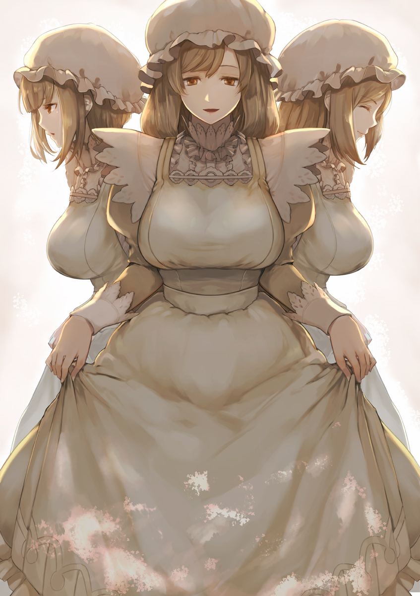 3girls, apron, breasts, closed_eyes, collar, cowboy_shot, dress, frilled_collar