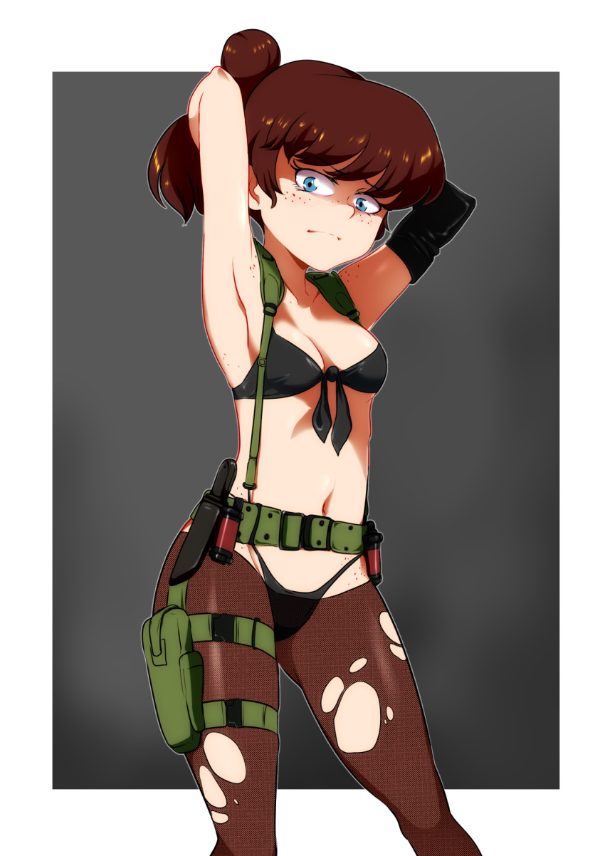 1girl, armpits, arms_up, blue_eyes, breasts, brown_hair, cosplay, freckles