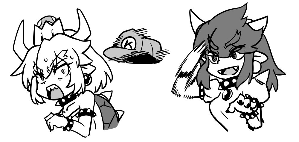 2girls, bowsette, claws, collar, collarbone, dress, eyebrows, eyebrows_visible_through_hair