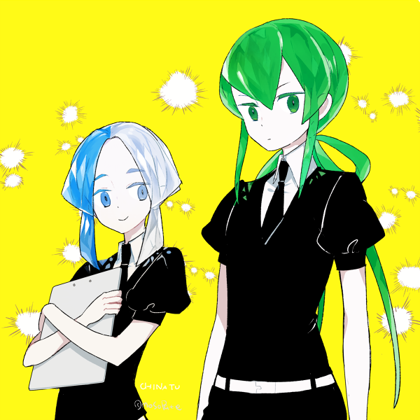2others, arms_at_sides, belt, black_neckwear, black_shirt, blue_eyes, blue_hair, clipboard