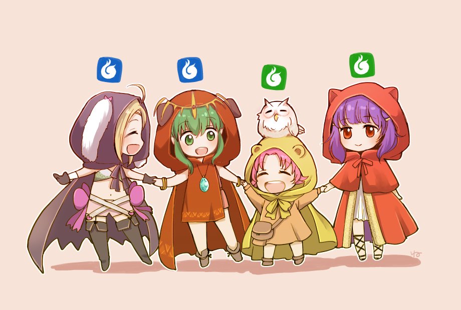 4girls, ahoge, animal, animal_on_head, bird, black_gloves, blonde_hair, cape
