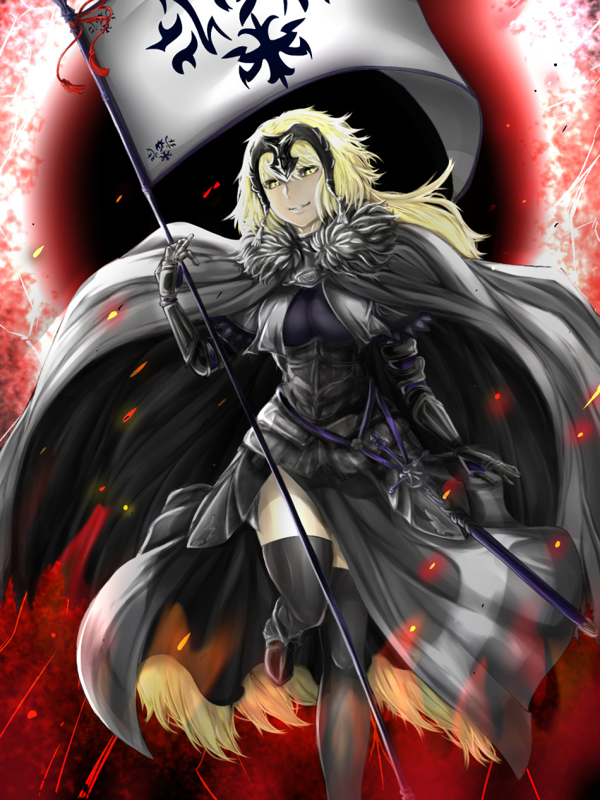 ahoge, armor, armored_dress, bangs, black_dress, breasts, cape, chains, commentary_request, dress, eyebrows_visible_through_hair, fate/grand_order, fate_(series), flag, fur-trimmed_cape, fur_collar, fur_trim, gauntlets, headpiece, highres, jeanne_d'arc_(alter)_(fate), jeanne_d'arc_(fate)_(all), pale_skin, short_hair, silver_hair, sword, takusan-kita, thigh-highs, tsurime, weapon, yellow_eyes