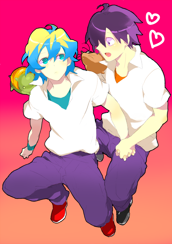 bad_id, boota, green_eyes, guame, hand_holding, heart, holding_hands, kazuko