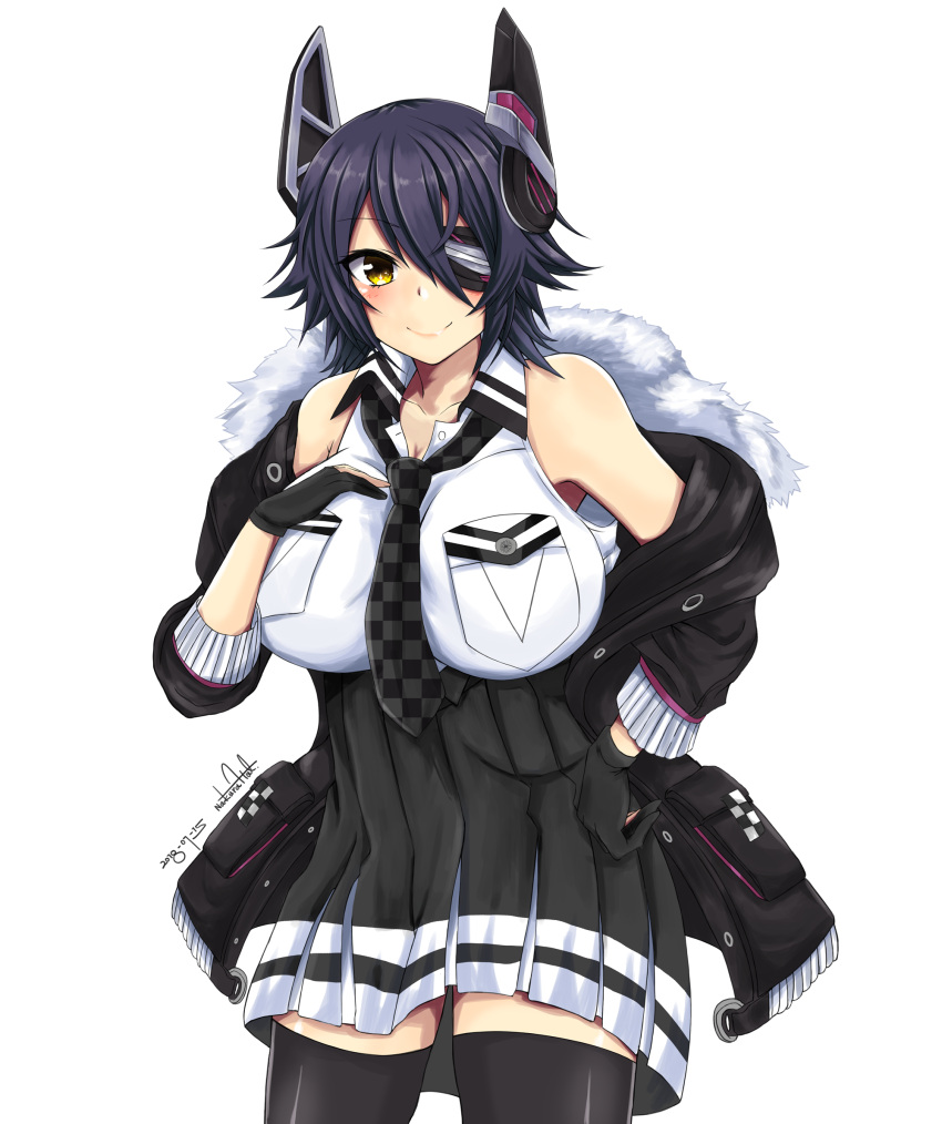 1girl, bare_shoulders, black_gloves, black_jacket, black_legwear, black_skirt, breast_pocket, breasts