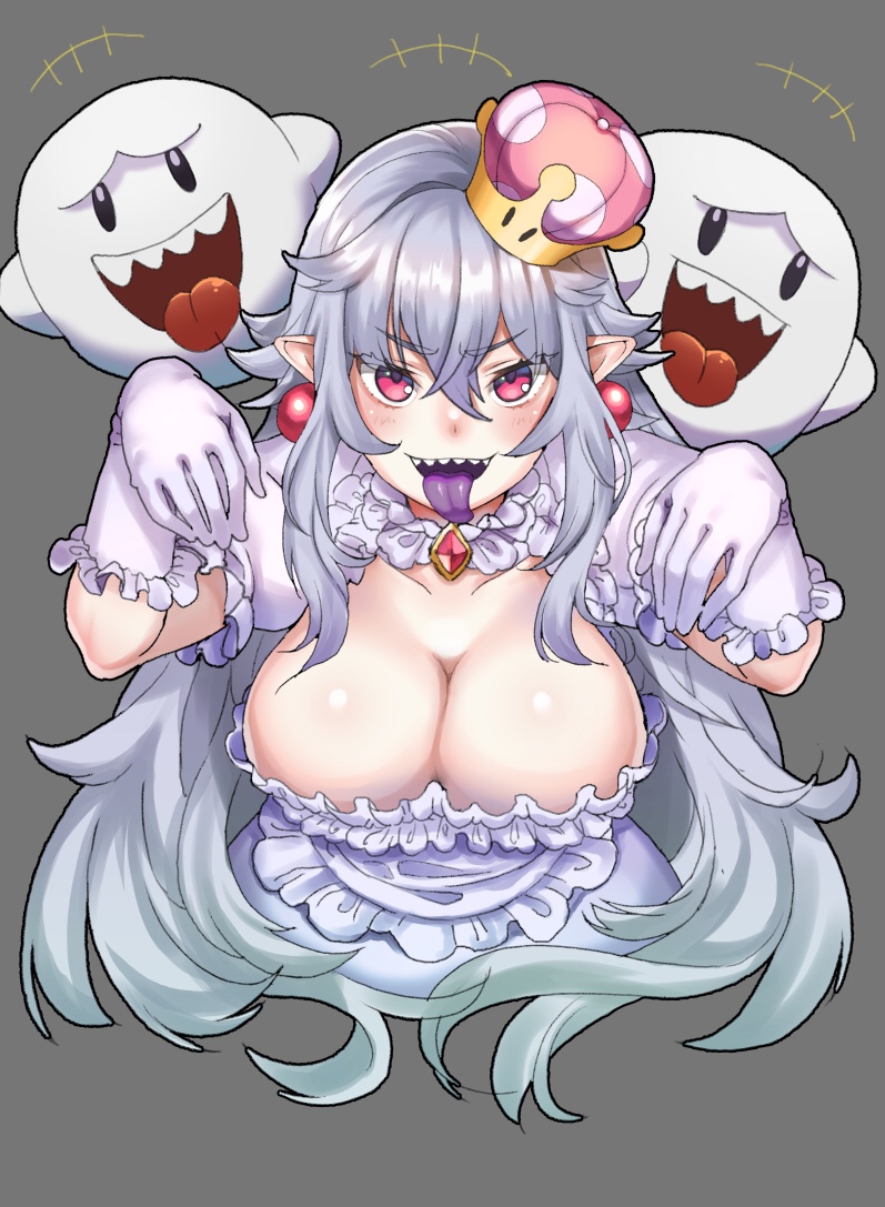 1girl, boo, breasts, cleavage, crown, dress, e90vwggy, earrings