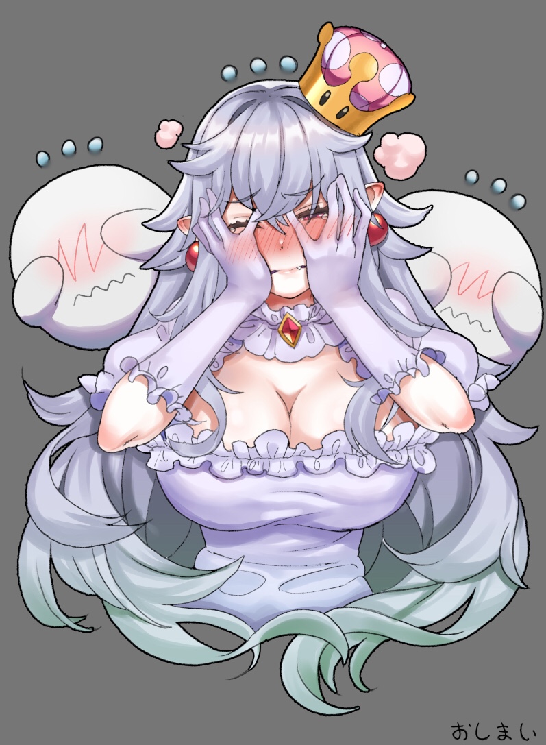 1girl, blush, boo, breasts, cleavage, crown, dress, e90vwggy
