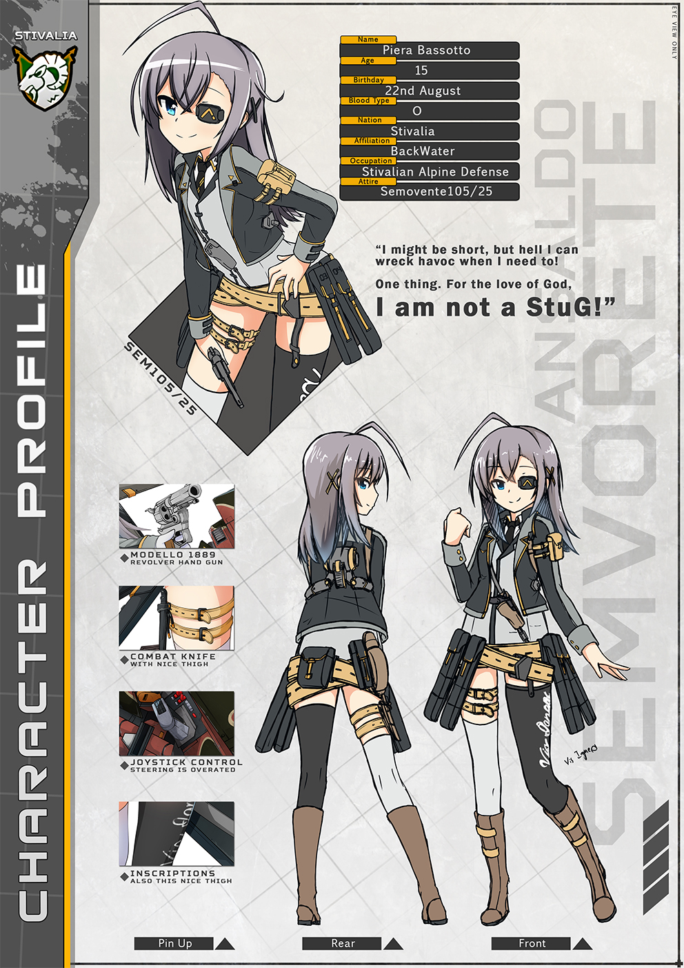 1girl, ahoge, bangs, belt, black_legwear, blue_eyes, boots, combat_knife
