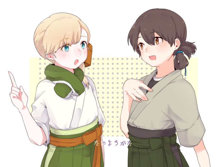 2girls, :d, :o, achii_adachi, bangs, black_shirt, blonde_hair, blue_eyes