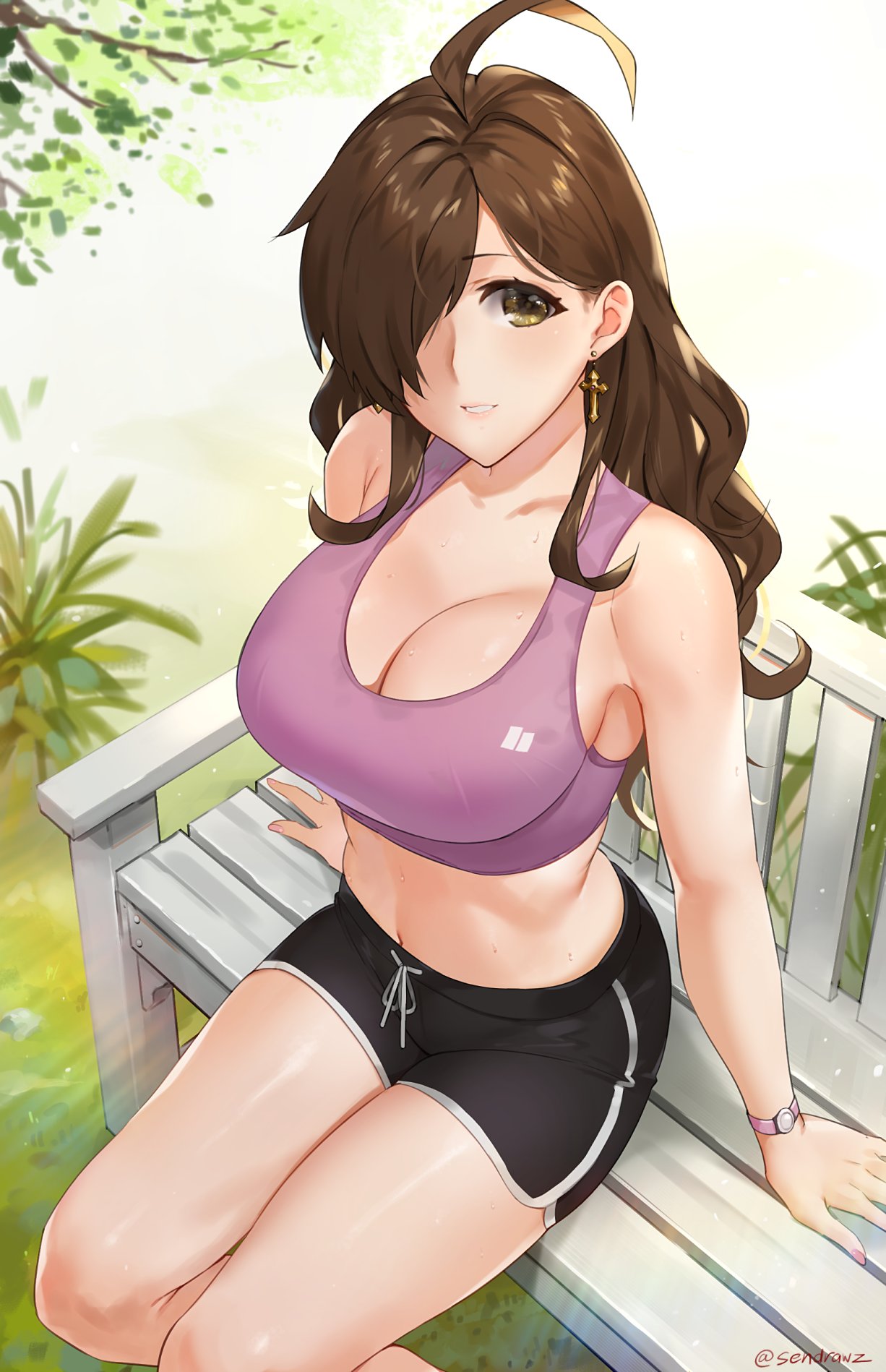 1girl, ahoge, bare_shoulders, bench, boyshorts, breasts, brown_eyes, brown_hair, cleavage, earrings, from_above, hair_over_one_eye, highres, jewelry, kono_subarashii_sekai_ni_shukufuku_wo!, large_breasts, long_hair, looking_at_viewer, midriff, navel, outdoors, parted_lips, sendrawz, shiny, shiny_skin, short_shorts, shorts, smile, solo, sports_bra, sunlight, sweat, watch, watch, wiz_(konosuba)