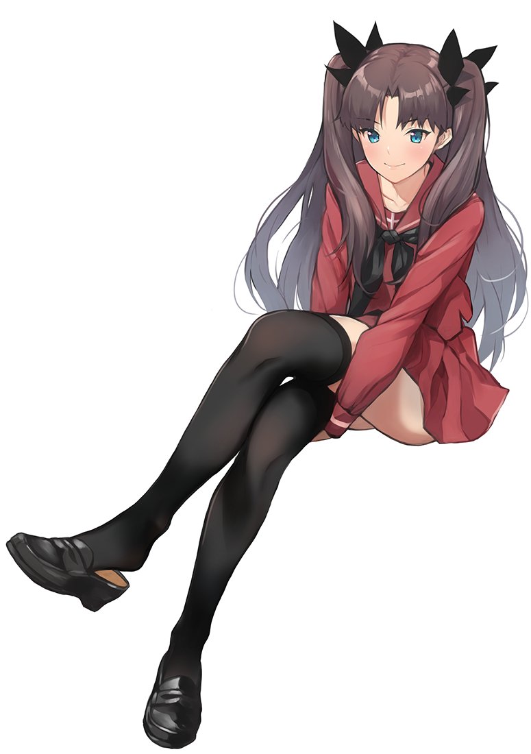 black_hair, black_legwear, blue_eyes, doushimasho, fate/stay_night, fate_(series), legs_crossed, red_serafuku