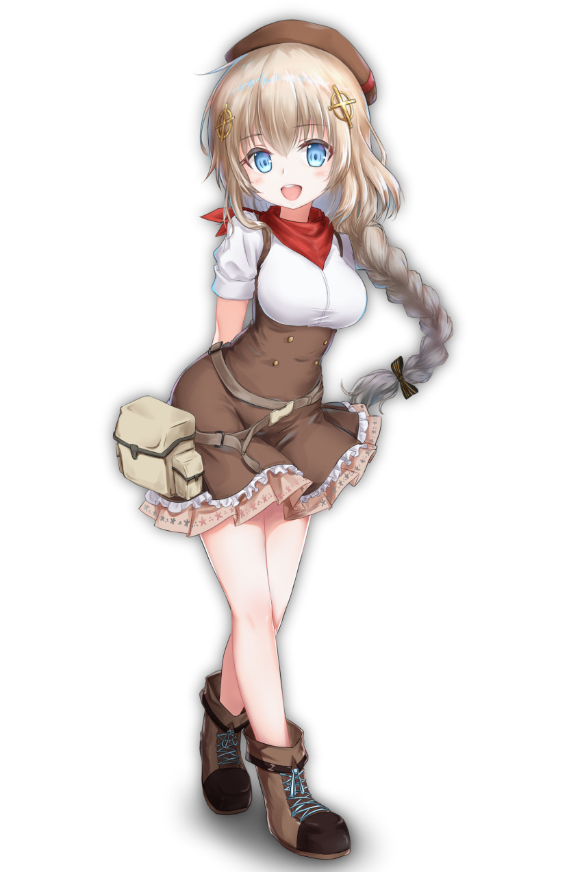 1girl, absurdres, arms_behind_back, belt_bag, beret, blue_eyes, blush, boots