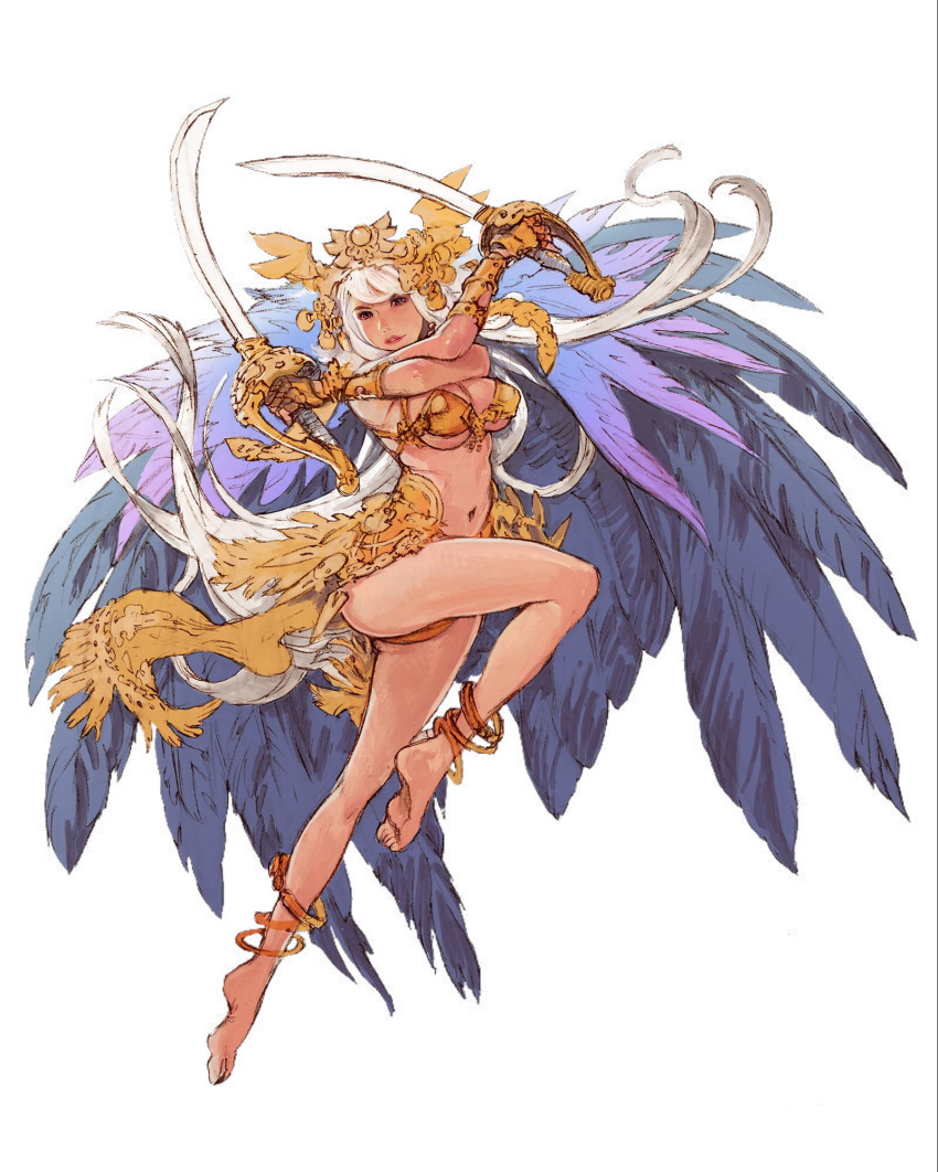 1girl, anklet, armor, bangle, bare_shoulders, barefoot, bikini_top, bracelet, breasts, cape, cleavage, crossed_arms, dual_wielding, eyeshadow, feathers, hair_ornament, headpiece, highres, holding, jewelry, large_breasts, leg_up, lips, long_hair, makeup, minaba_hideo, navel, necklace, official_art, pink_eyes, saber_(weapon), sheena_(terra_battle), solo, sword, terra_battle, transparent_background, under_boob, very_long_hair, warrior, weapon, white_hair, x_arms