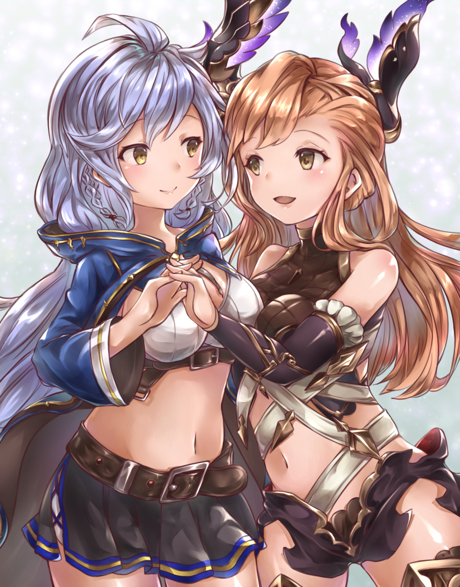 2girls, bare_shoulders, belt, blue_hair, braid, breasts, brown_hair, eye_contact