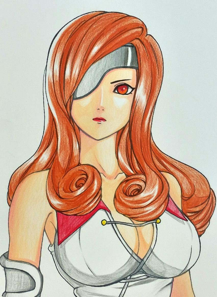 1girl, absurdres, akaho_(choco_daisuki), beatrix, breasts, brown_eyes, brown_hair, cleavage, colored_pencil_(medium), commentary_request, eyepatch, final_fantasy, final_fantasy_ix, highres, large_breasts, long_hair, solo, traditional_media