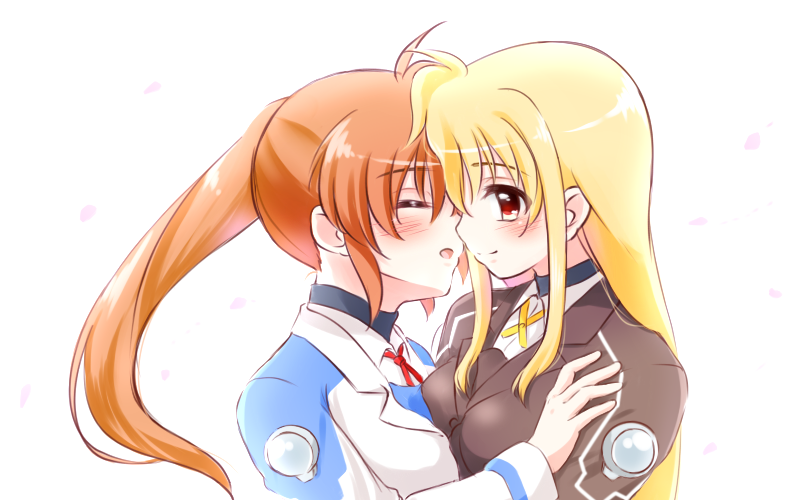 2girls, bangs, blonde_hair, blush, brown_hair, commentary_request, face-to-face, fate_testarossa
