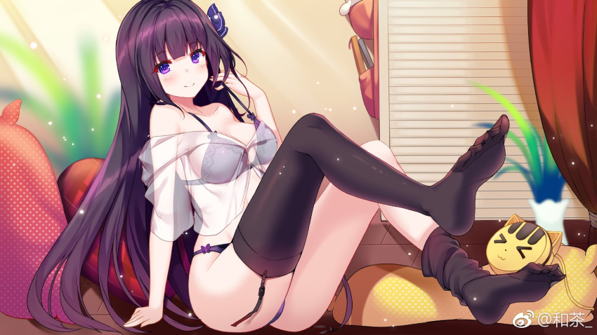 1girl, black_legwear, blurry, blush, bra, breasts, cleavage, depth_of_field