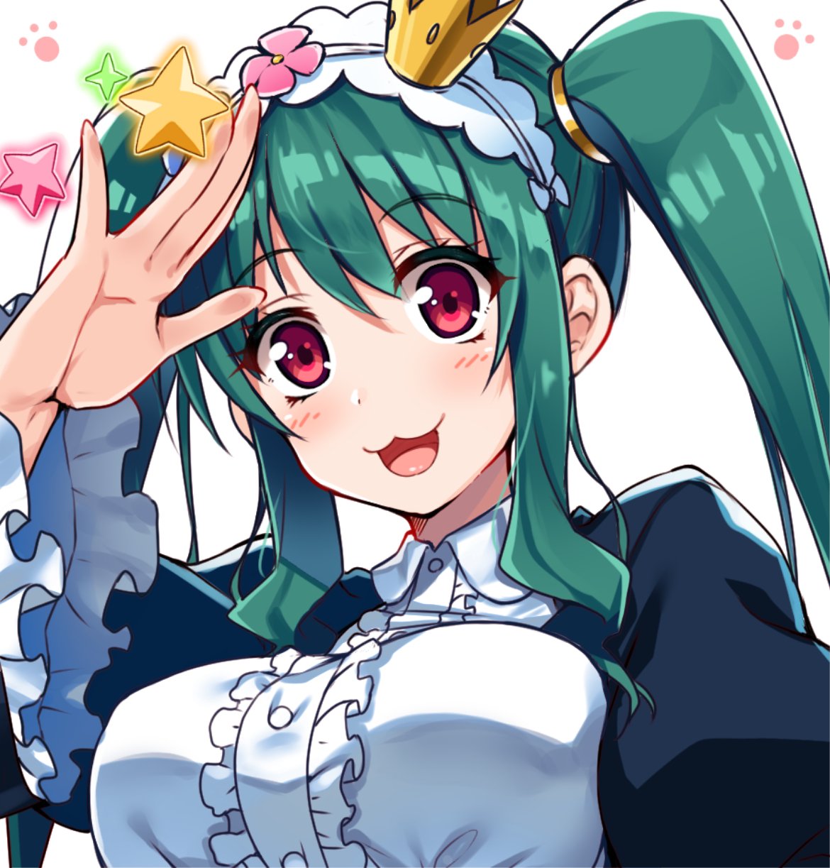 1girl, :3, crown, frills, green_hair, hairband, highres, kuroi_ginko