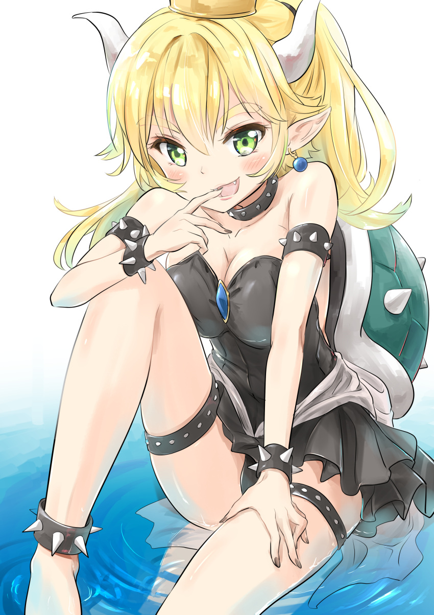 1girl, absurdres, anzu_yoshihiro, bare_shoulders, black_swimsuit, blonde_hair, blush, bowsette