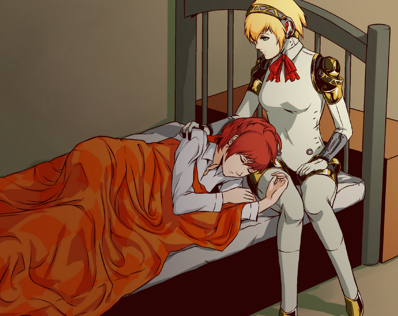 2girls, aegis_(persona), android, bed, bed_frame, blanket, blonde_hair, bow