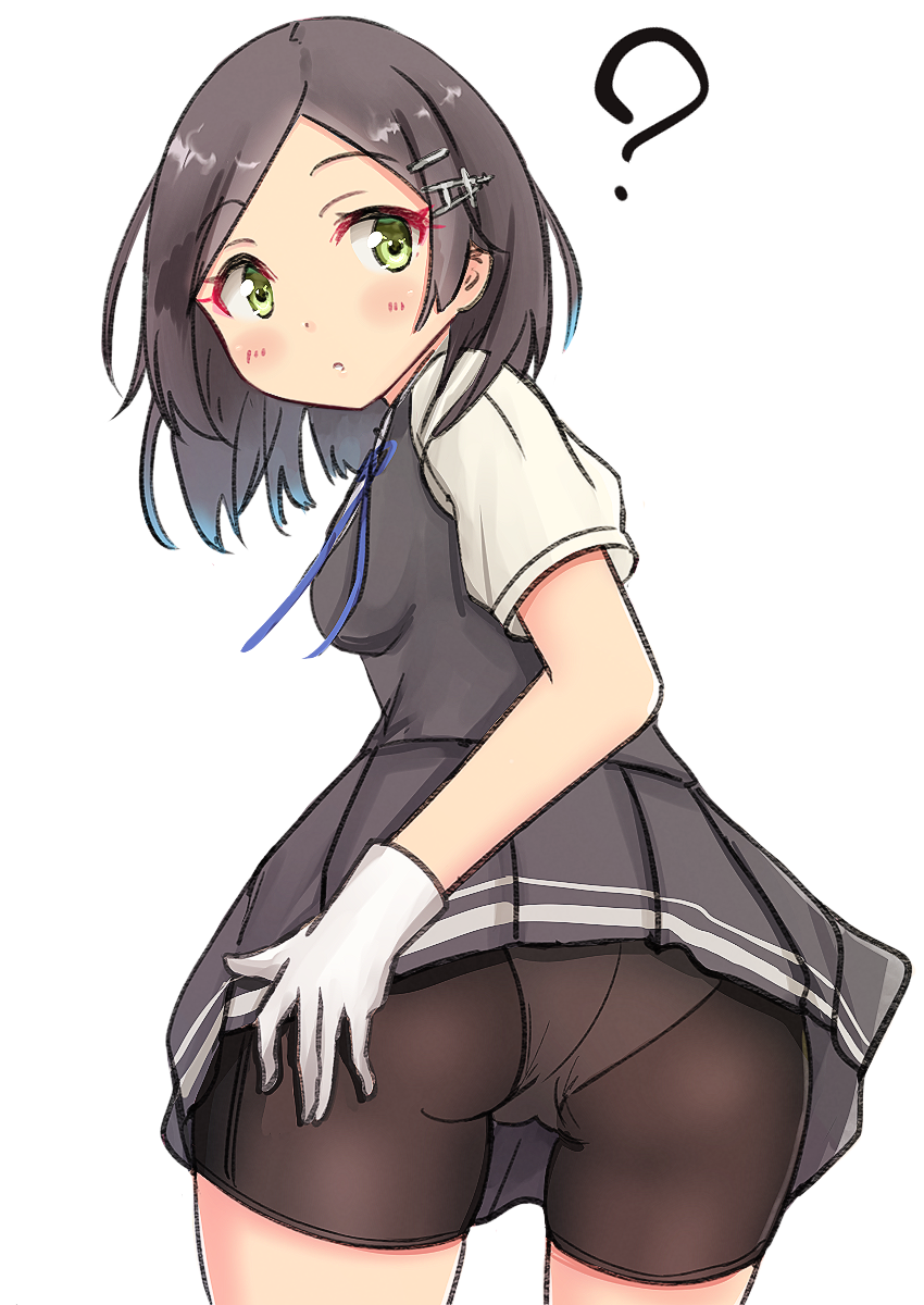 1girl, ass, bike_shorts, black_hair, black_skirt, black_vest, blush, breasts, closed_mouth, eyebrows_visible_through_hair, green_eyes, hair_ornament, hairclip, highres, kaede_shiroppu, kantai_collection, kuroshio_(kantai_collection), looking_at_viewer, miniskirt, neck_ribbon, ribbon, school_uniform, shirt, short_hair, short_sleeves, simple_background, skirt, small_breasts, solo, vest, white_background, white_shirt
