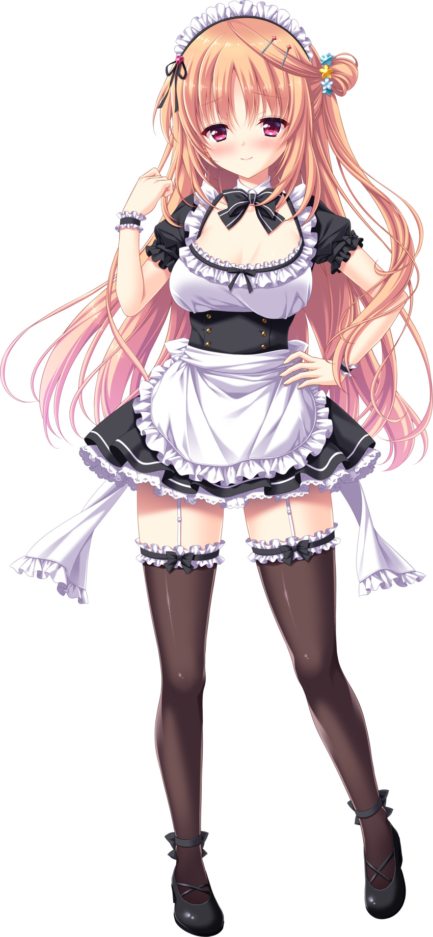 1girl, absurdres, apron, black_footwear, black_legwear, blush, boku_to_kanojo_no_gohoushi_dousei, eyebrows_visible_through_hair, full_body, garter_straps, hair_ornament, hairclip, half_updo, hand_on_hip, highres, kashima_shino, long_hair, maid, maid_headdress, official_art, pink_hair, red_eyes, sakura_neko, short_sleeves, smile, solo, thigh-highs, transparent_background, waist_apron, wrist_cuffs
