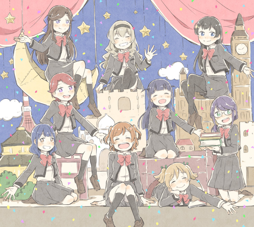 6+girls, aijou_karen, bell, black_hair, blonde_hair, blue_eyes, blue_hair, blush