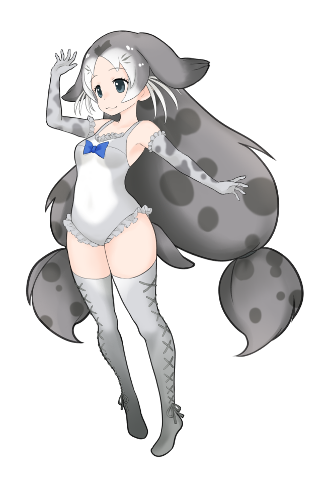 1girl, :3, animal_ears, blue_bow, bow, bow_swimsuit, character_request, elbow_gloves