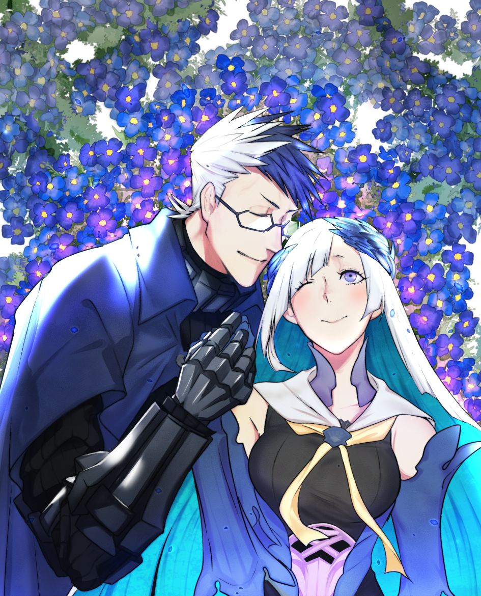 1boy, 1girl, aqua_hair, armor, blue_eyes, blue_flowers, blush, boorunrun, brynhildr_(fate), closed_eyes, closed_mouth, commentary_request, fate/grand_order, fate_(series), flower, gauntlets, glasses, hand_holding, headpiece, holding, long_hair, multicolored_hair, one_eye_closed, sigurd_(fate/grand_order), smile, spikes, spiky_hair, two-tone_hair, very_long_hair, violet_eyes