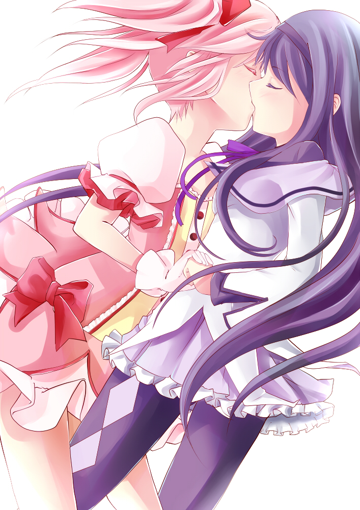 2girls, akemi_homura, argyle, argyle_legwear, bangs, black_hair, black_hairband, blush