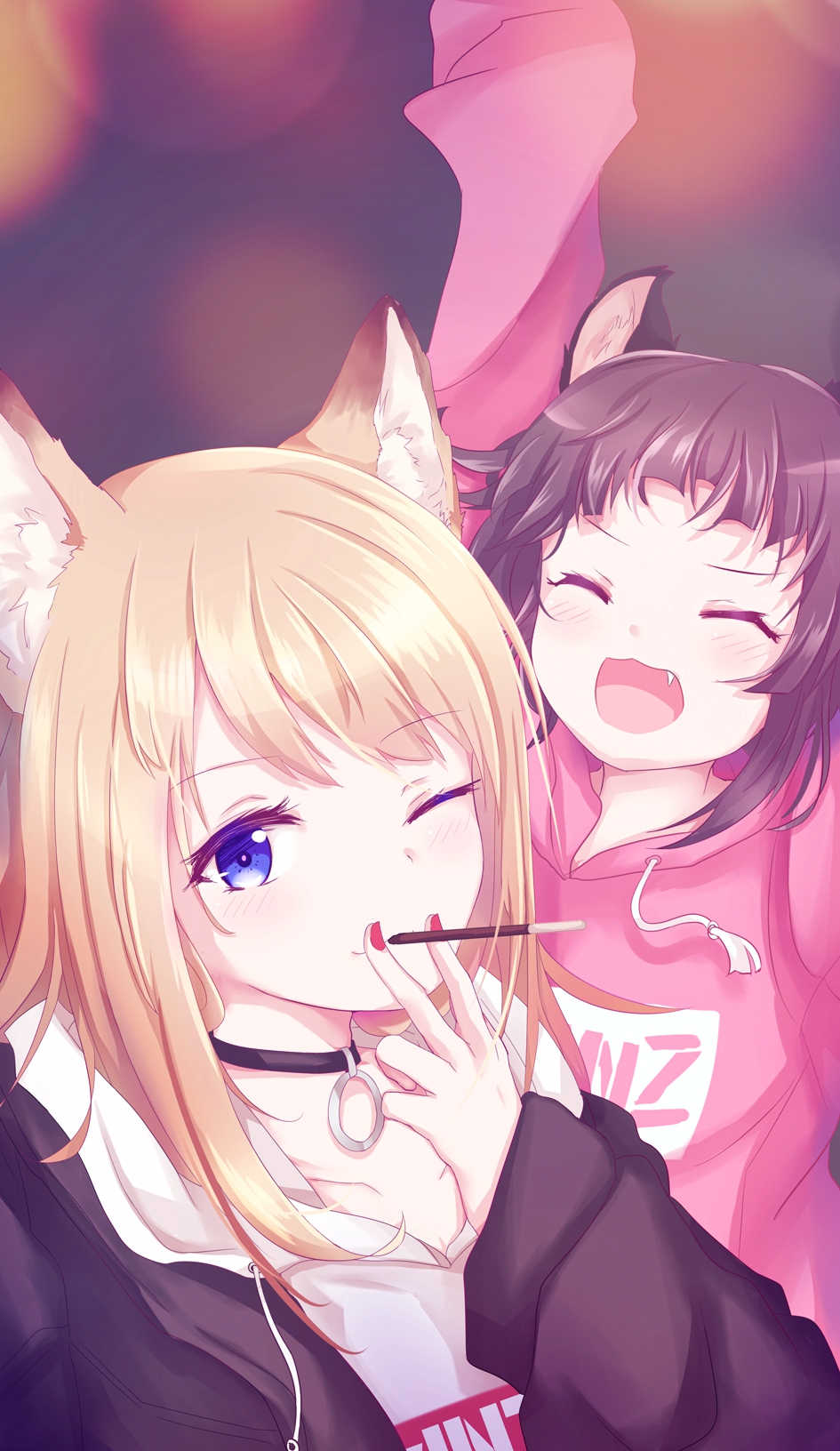 2girls, animal_ear_fluff, animal_ears, arms_up, blonde_hair, blue_eyes, brown_hair, choker