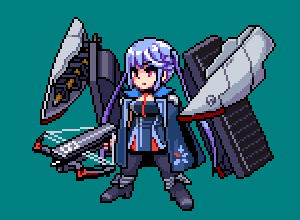 1girl, azur_lane, black_footwear, black_legwear, blue_cloak, blue_dress, blue_hair, bow_(weapon), breasts, collared_cloak, commentary_request, crossbow, dress, essex_(azur_lane), flight_deck, holding_crossbow, looking_to_the_side, lowres, necktie, ookura_okura, pixel_art, red_eyes, red_neckwear, rigging, simple_background, solo, standing, star, star_print, twintails, weapon