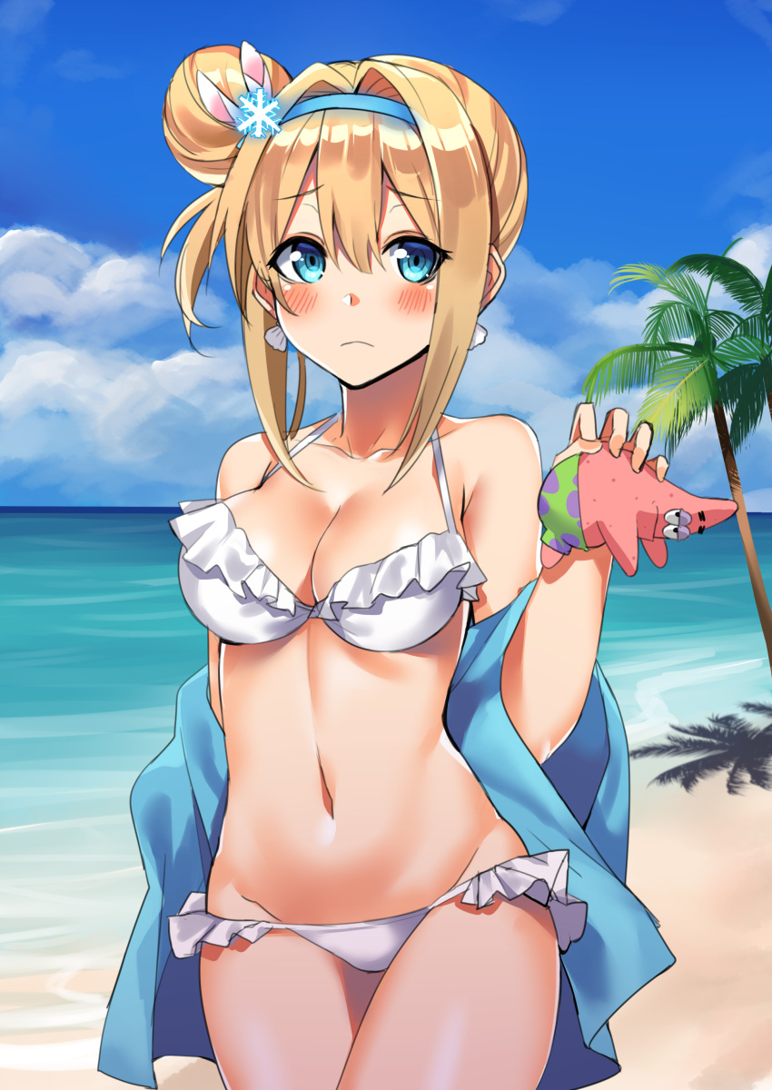 1boy, 1girl, absurdres, alternate_costume, alternate_hairstyle, arm_behind_back, bangs, beach