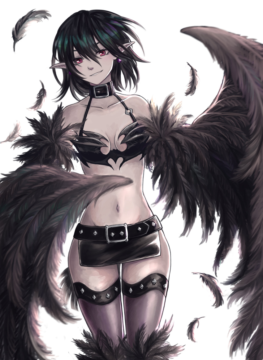 1girl, belt, black_hair, black_harpy, black_wings, breasts, collar, collarbone