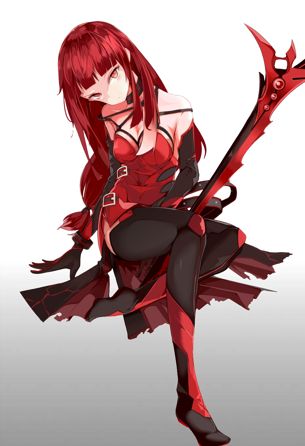 1girl, bare_shoulders, belt, bracelet, breasts, cleavage, crimson_avenger_(elsword), elesis_(elsword)