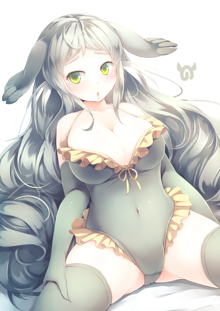 1girl, absurdres, bare_shoulders, blush, breasts, cleavage, collarbone, green_eyes
