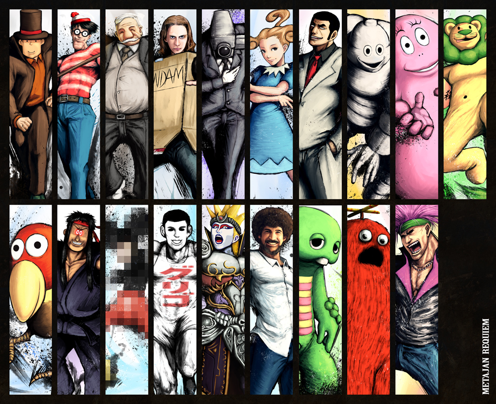6+boys, afro, barbapapa, belt, bibendum, bird, blonde_hair, blue_dress