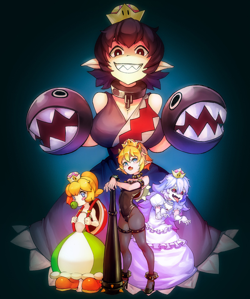 4girls, anklet, armlet, backpack, bag, bare_shoulders, baseball_bat, black_collar