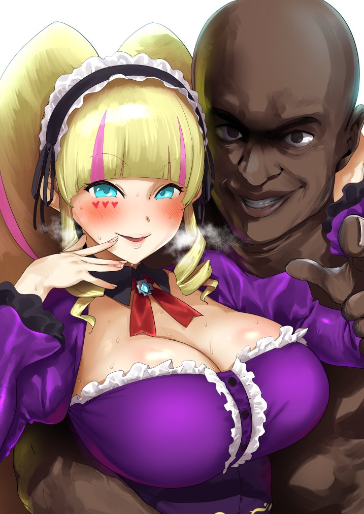1boy, 1girl, bald, bangs, black_ribbon, blonde_hair, blue_eyes, blunt_bangs