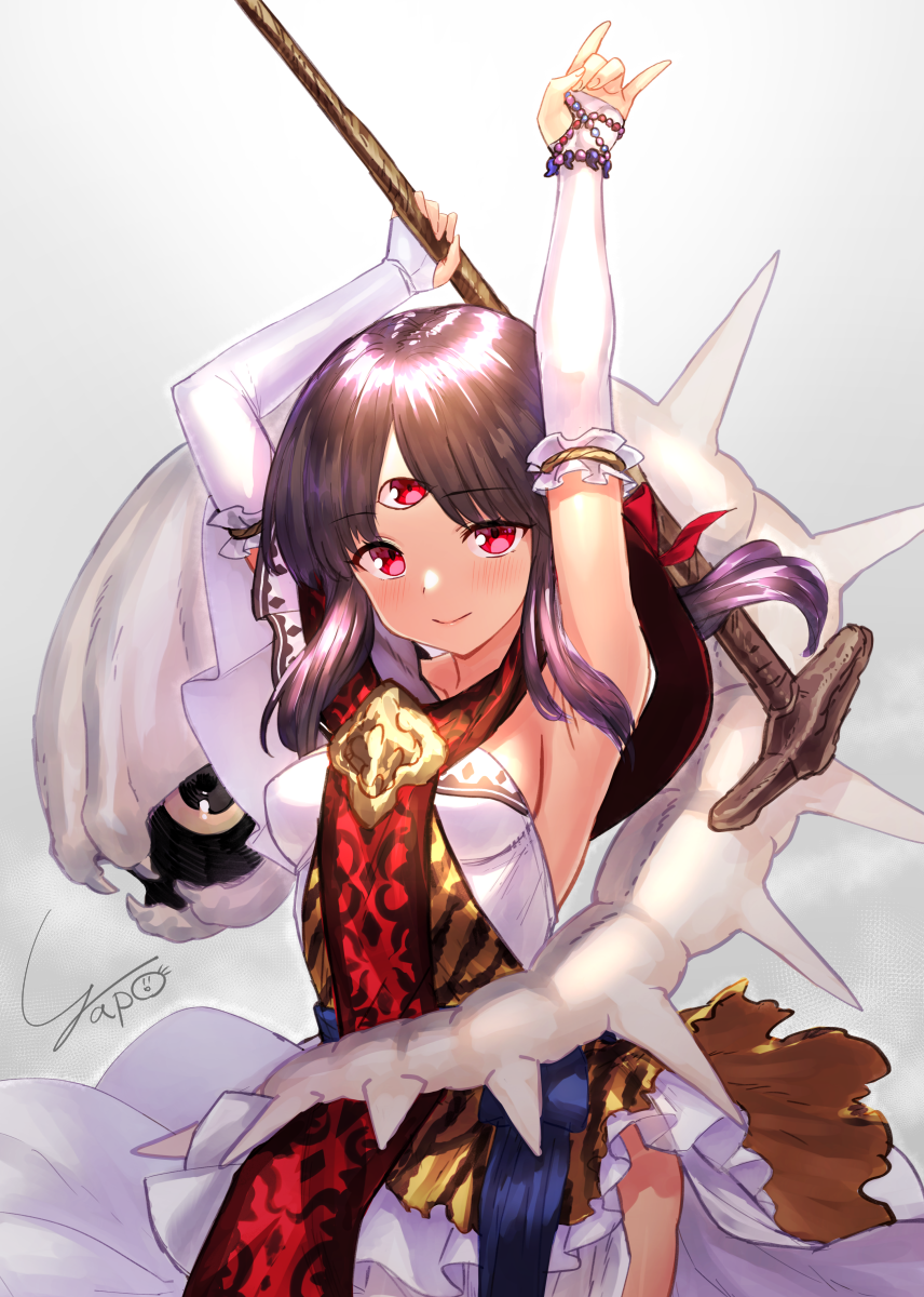 1girl, 3x3_eyes, \n/, arms_up, artist_name, ayanokouji_pai, breasts, brown_hair