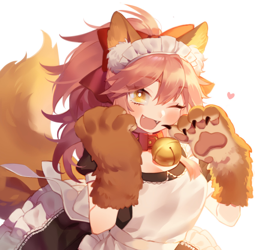 alternate_costume, animal_ear_fluff, animal_ears, apron, bell, bell_collar, blush_stickers, braid, breasts, cat_paws, cleavage, collar, enmaided, fangs, fate/grand_order, fate_(series), fox_ears, fox_girl, fox_tail, frills, gloves, hair_ribbon, hairband, heart, jingle_bell, large_breasts, long_hair, looking_at_viewer, maid, maid_apron, maid_headdress, one_eye_closed, open_mouth, paw_gloves, paws, pink_hair, ponytail, puffy_short_sleeves, puffy_sleeves, red_ribbon, ribbon, short_sleeves, simple_background, tail, tamamo_(fate)_(all), tamamo_cat_(fate), tnrl12325, uniform, waist_apron, white_background, yellow_eyes