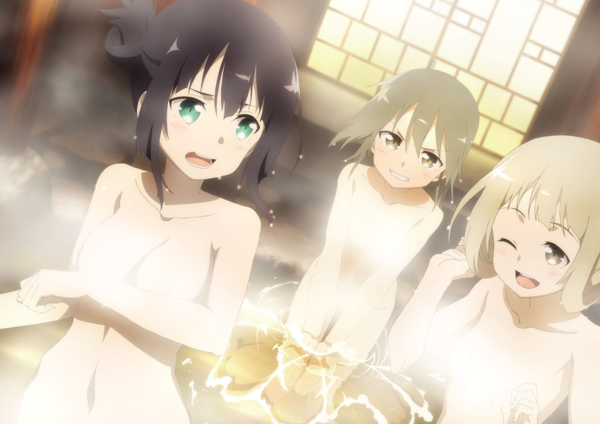 3girls, bath, bathing, black_hair, convenient_censoring, green_eyes, grin, highres