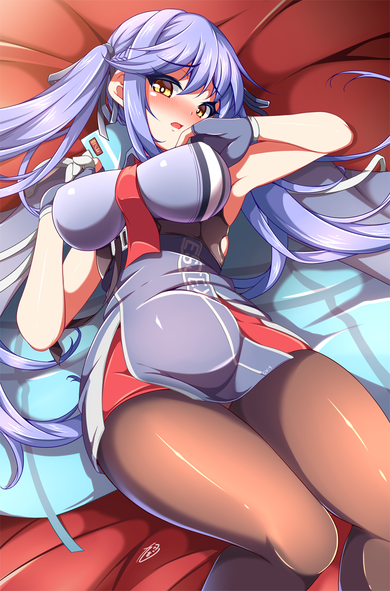 1girl, armpits, azur_lane, bangs, between_breasts, black_legwear, black_ribbon, blue_cloak