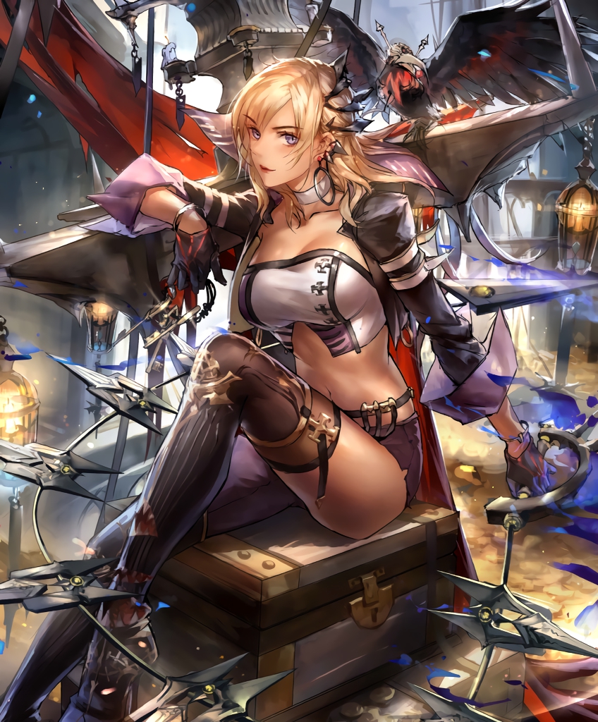 1girl, artist_request, bird, blonde_hair, breasts, chain_whip, chest, cygames