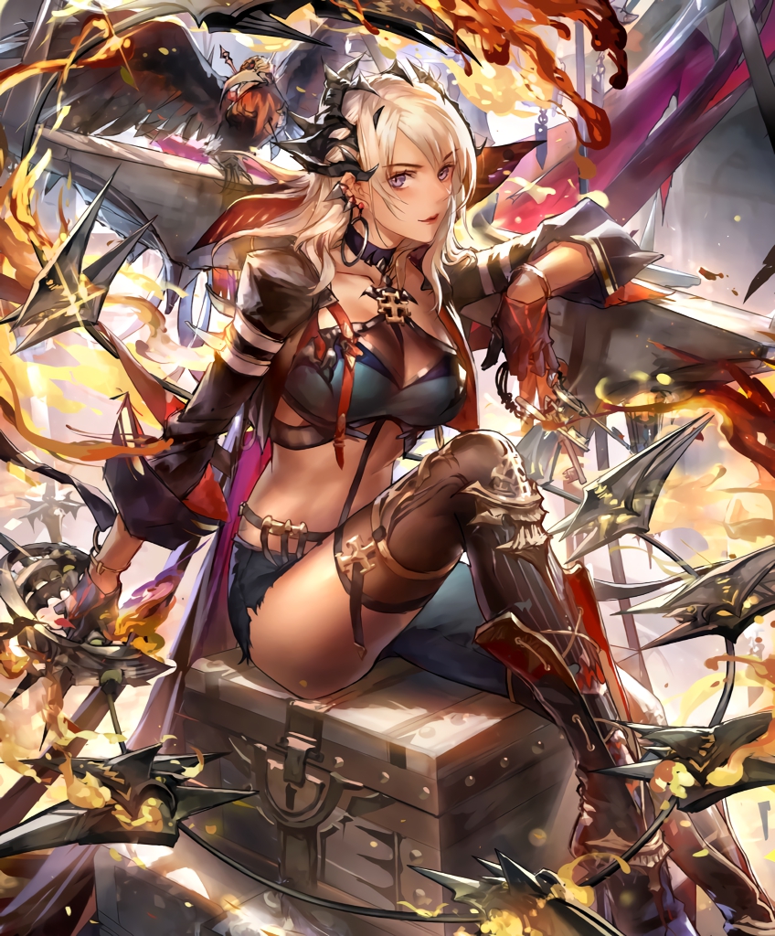 1girl, artist_request, bird, blonde_hair, breasts, chain_whip, chest, cygames